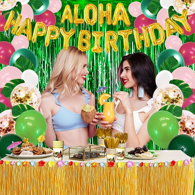 323 Luau Party Decorations, Hawaiian Party Decorations Kit For Adults - "ALOHA"&"HAPPY BIRTHDAY" Banner, Balloons, Cake Topper, Straws, Table Skirt, Dinnerware Set For 25 Guests