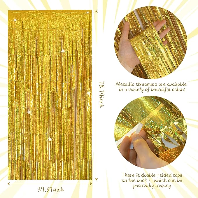 Tinsel Curtain Party Backdrop Gold Birthday Decorations 2 Packs Glitter Foil Fringe Curtain Party Decor Streamers Photo Booth for Birthday Christmas Wedding Halloween Graduation Decorations