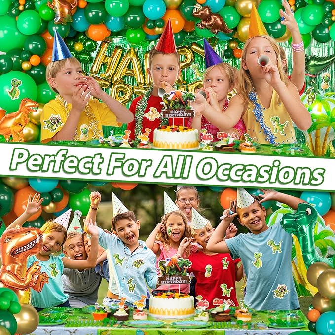 Dinosaur Party Decorations, Dinosaur Birthday Party Supplies for Kids Include Dino Foil Balloons, HAPPY BIRTHDAY Banner, Cake Toppers, Plates, Napkins, Curtains & Customized Tablecloth