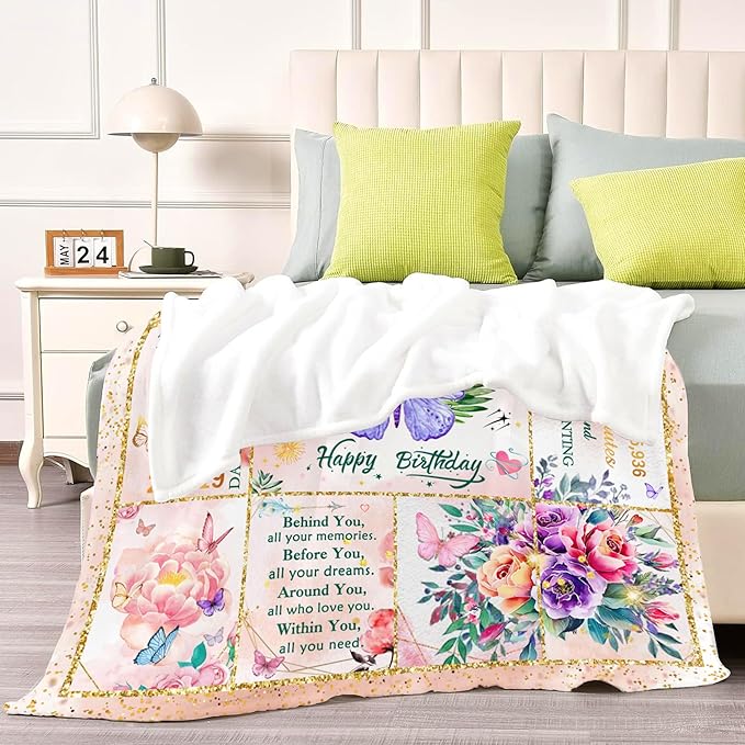 60th Birthday Gifts for Women, Super Soft Unique Fun Purple Butterfly Flower Blanket Gifts for Anniversary Christmas, 60th Birthday Decorations for Women, Cozy Warm Plush Fuzzy Fleece Blanket 60"x50"