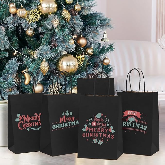 MESHA Gift Paper Bags 300 PACK 5.25x3.75x8'' Black Small Shopping Kraft Bags Bulk with Handles Reusable for Business,Grocery,Birthday,Wedding,Kids Party,Favors