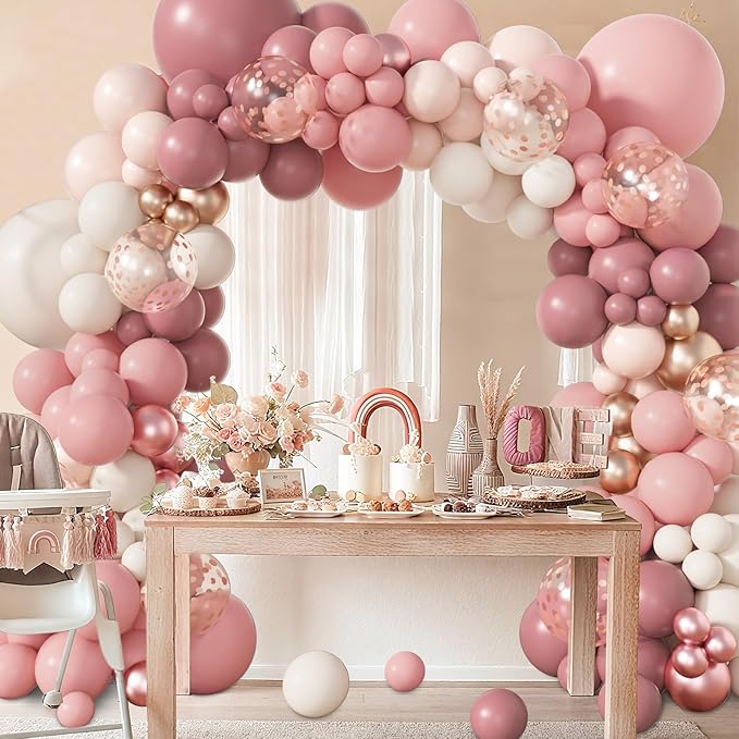 Amandir 173Pcs Dusty Rose Pink Nude Balloon Garland Arch Kit, 18In Retro Blush Peach Mauve White Sand Gold Confetti Balloons for Girl Baby Shower Wedding Boho Birthday Party Decorations