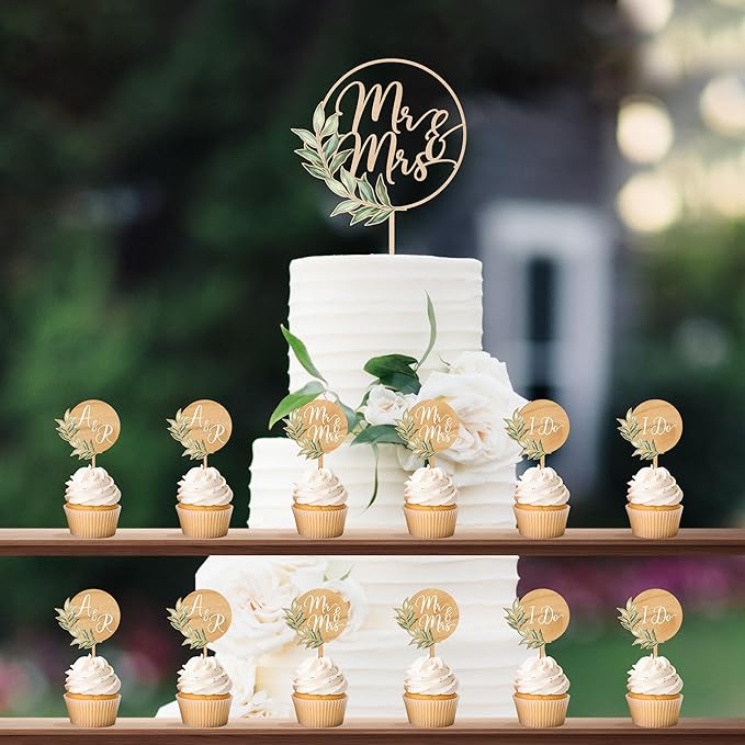 Custom Wedding Cupcake Toppers Personalized Cake Cupcake Decorations in Wood (36 PCS)