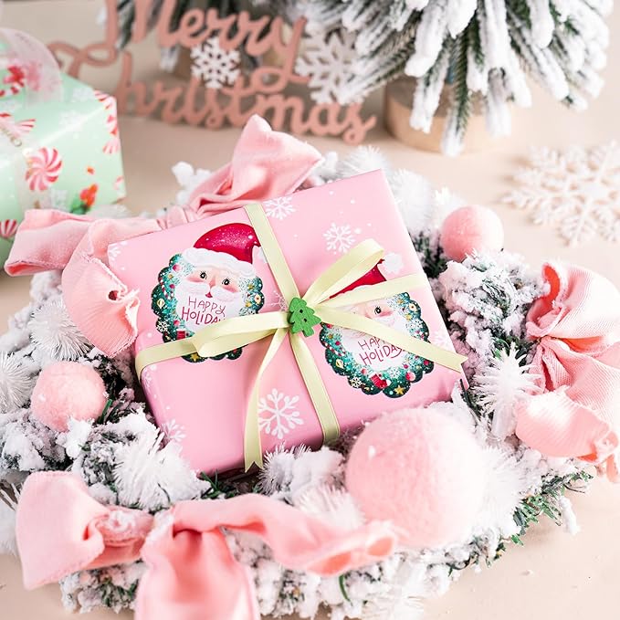 WRAPAHOLIC 30 Inch Christmas Wrapping Paper Roll - Jumbo Roll Pink Gingerbread House, Santa Claus, Christmas Tree and Candy Cane Design - 4 Rolls - 30 Inch x 120 Inch Per Roll