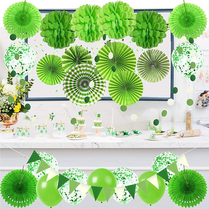 ZERODECO Party Hanging Paper Fans Set, Green Confetti Balloons Decorative Folding Fans Paper Pompoms Triangle Bunting Flags Garlands for Birthday Baby Shower Golf Dinosaur Party Decorations