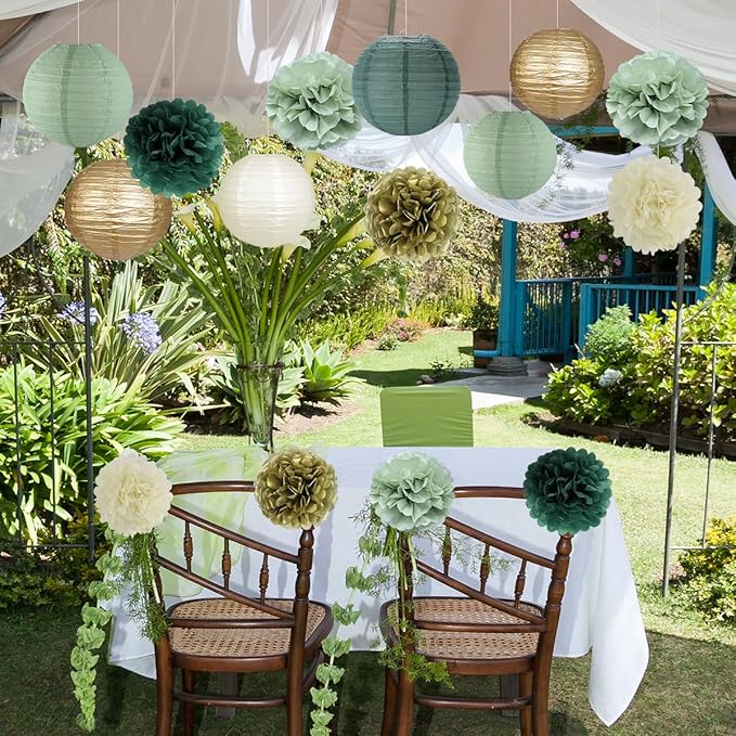 zilue Sage Green Party Decorations, Sage Green Paper Lanterns and Pom Poms Flowers for Birthday Party Baby Shower Wedding Shower Decor Gold/Ivory/Sage Green 15pcs