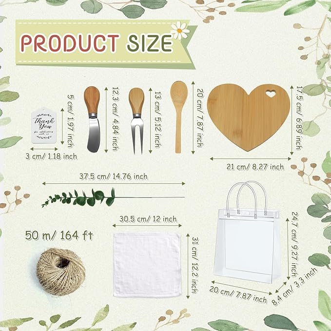 AZEAM 55Pcs Baby Shower Prizes for Game Winners, Bridal Shower Prizes with 6 Sets Heart Cheese Board Spoon Fork Butter Knife Towel Card Plastic Bag Branch, Wedding Shower Favors for Guests