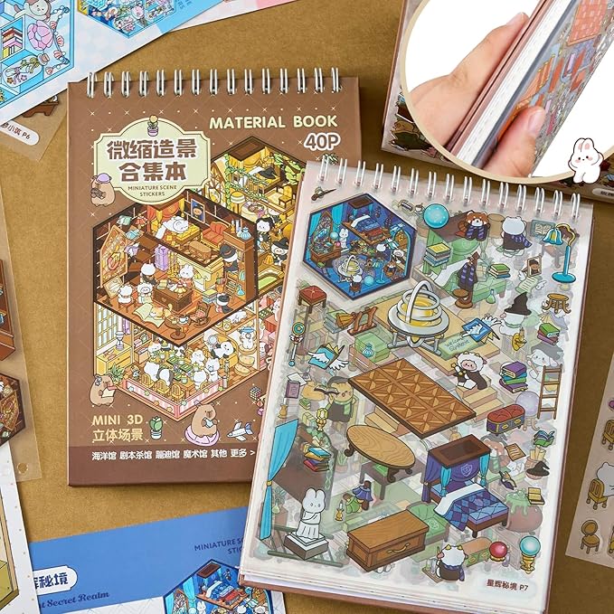 20 Sets 3D Sticker Scene Book, Fun Cute Cartoon Sticker Room Scene Book, 3D House Scene Stickers Therapy for Adults, Relief Stress Pass The Time, Crafting Crafts and Nice Gifts