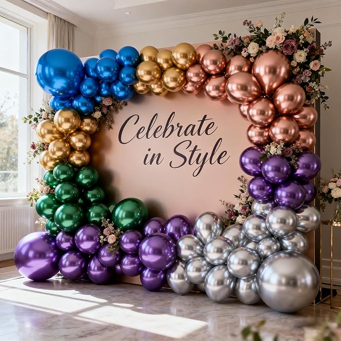 Chrome Metallic Balloons 66 Pack, 12 Inch Shiny Latex Helium Party Balloons Garland Kit with Assorted Colors for Birthdays Weddings Baby Showers Graduation Arch Decorations