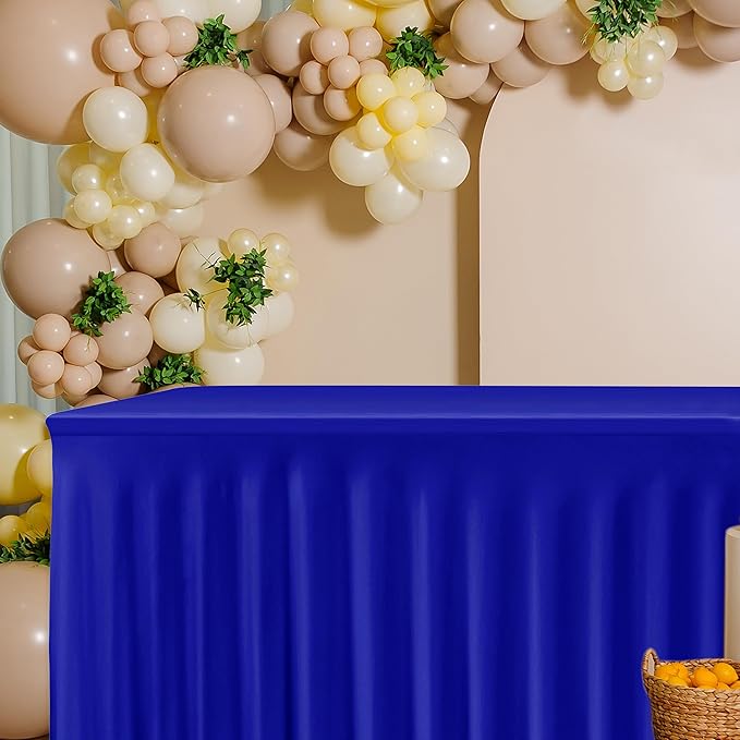 HolidayIdeas Royal Blue 8ft Rectangle Spandex Tablecloth 4 Pcs Fitted Stretch Table Skirts 30x96 Inch, Ruffle Design Wrinkle-Free Polyester Table Cover for Banquets,Trade Shows, Parties, Events
