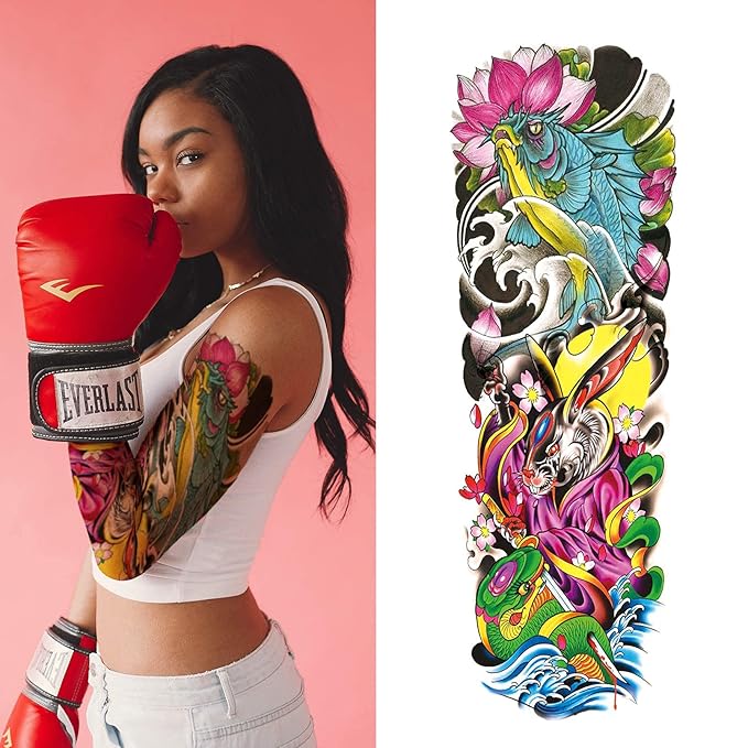 Aresvns Halloween Temporary Sleeve Tattoo for Men and Women (L19“xW7”),Waterproof Japanese Military Fake Tattoos Long lasting,Full Arm Totem Temporary Tattoos for BBQ Pool Beach Party