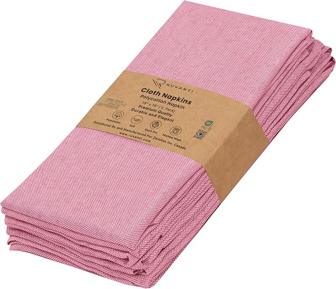 Ruvanti Cloth Napkins Set of 12, 18x18 Reusable Napkins Cloth Washable, Soft & Durable Table Napkin, Poly Cotton Fabric Dinner Napkins for Parties, Christmas, Thanksgiving, Weddings - Bubblegum
