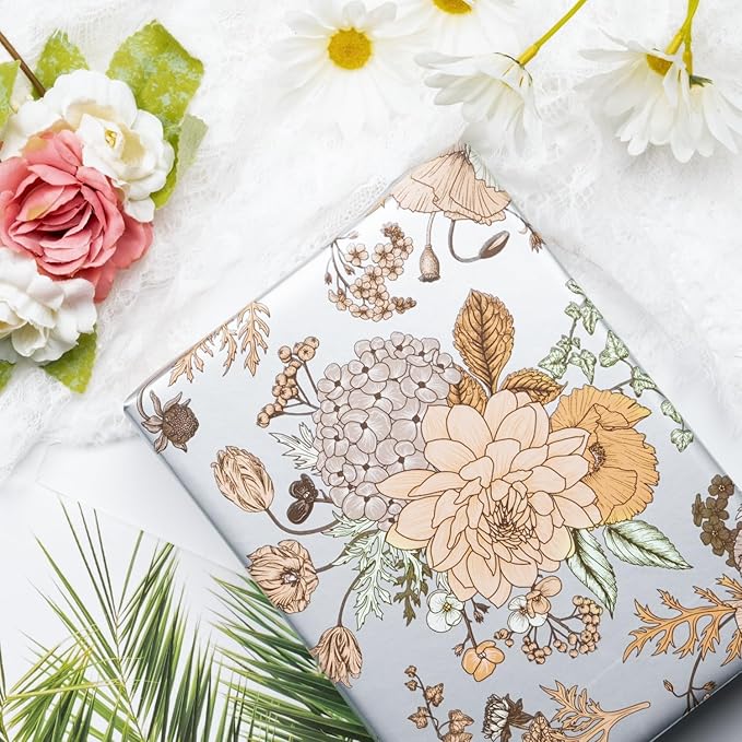 WRAPAHOLIC Reversible Floral Wrapping Paper - Mini Roll - 17 Inch X 33 Feet - Pearlized Silver Vintage Floral Wedding Wrapping Paper for Birthday, Bridal Shower, Baby Shower