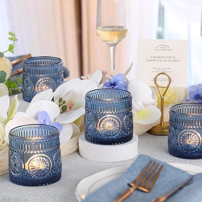 6Pcs Large Votive Candle Holders Blue Glass Tealight Candle Holders for Wedding, Table Centerpiece, Party, Birthday, Home Decor