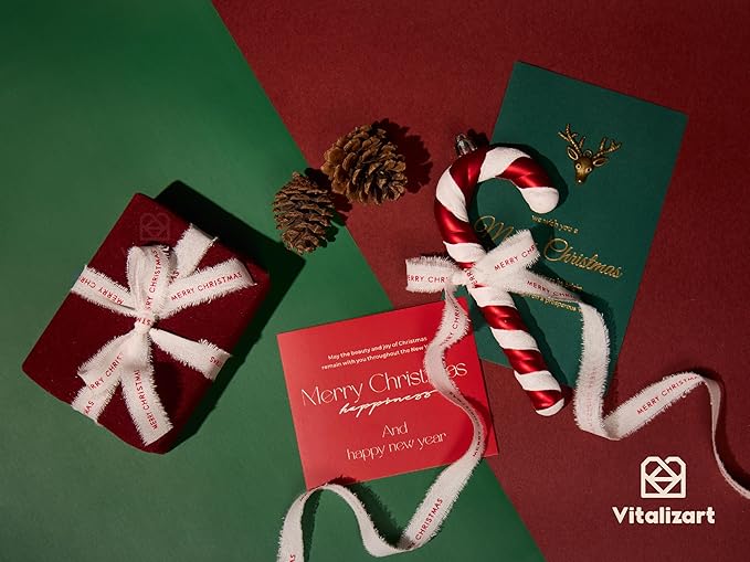 Vitalizart Merry Christmas Ribbon 5/8 Inch Natural Cotton Handmade Frayed Fringe Ribbons 15 Yd for Gift Wrapping Crafts Flower Wreath Garland Holiday Decorations