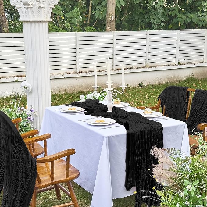 IVAPUPU 2 Pcs Cheesecloth Halloween Table Runner - 10ft Black Boho Gauze Black Cheese Cloth Table Runners for Halloween Decor Indoor Baby Shower Decoration Wedding Party Summer Garden Farmhouse