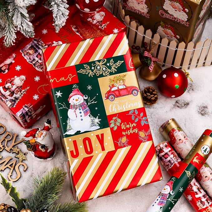 MAYPLUSS Reversible Christmas Wrapping Paper Rolls - 17" X 120" Per Roll - Classic Vintage Funky Red Santa Claus Wrap Present Paper for Festive Celebrations