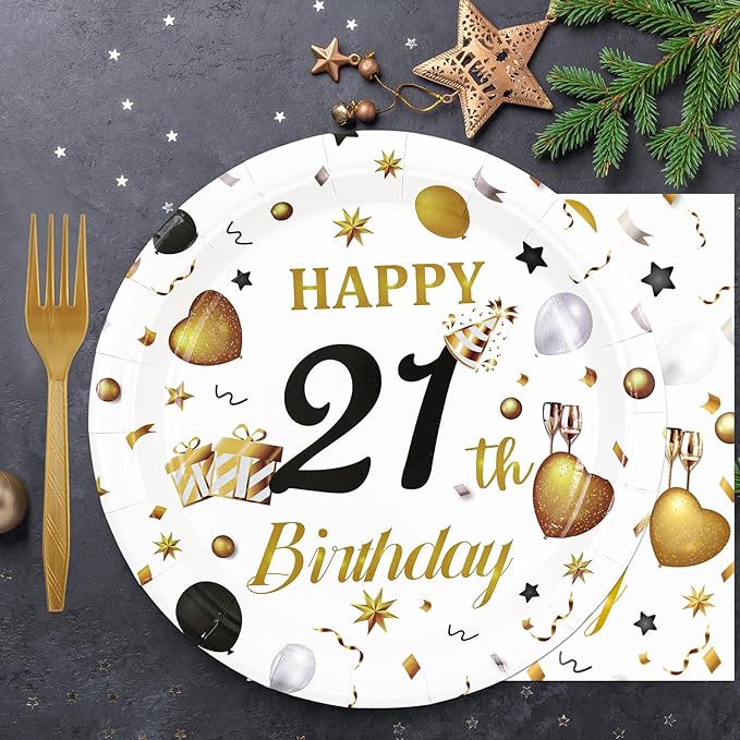 75PCS 21st Birthday Paper Plates and Napkins Party Decorations, 7 Inch White and Gold 21st Birthday Plates Napkins Cheers to 21 Years Tableware Set Party Supplies for Her Him