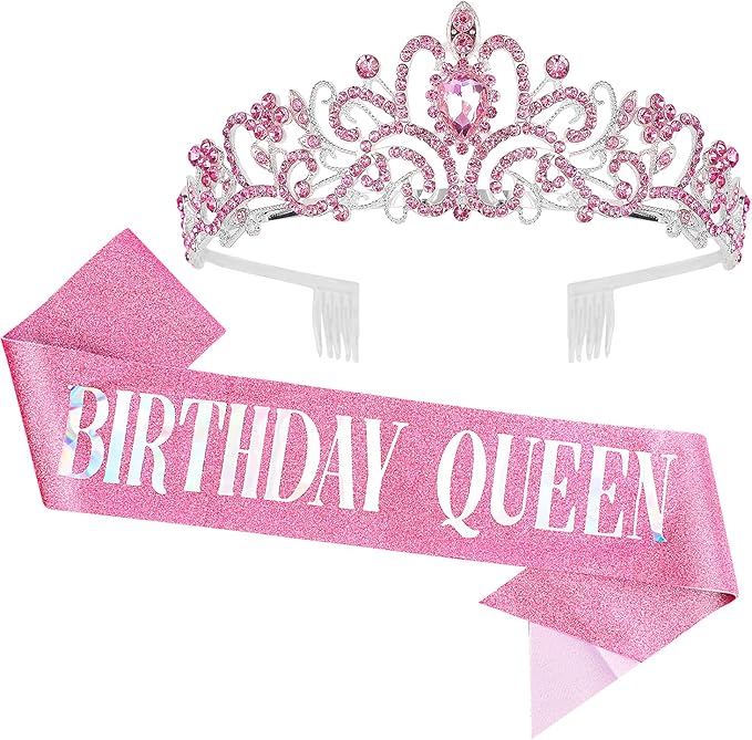 Birthday Tiara for Women, Tiara for Women Pink Rhinestone, Happy Birthday Queen Tiara for Women, Crown for Girls Tiaras Birthday Queen Crowns with Birthday Girl Sash