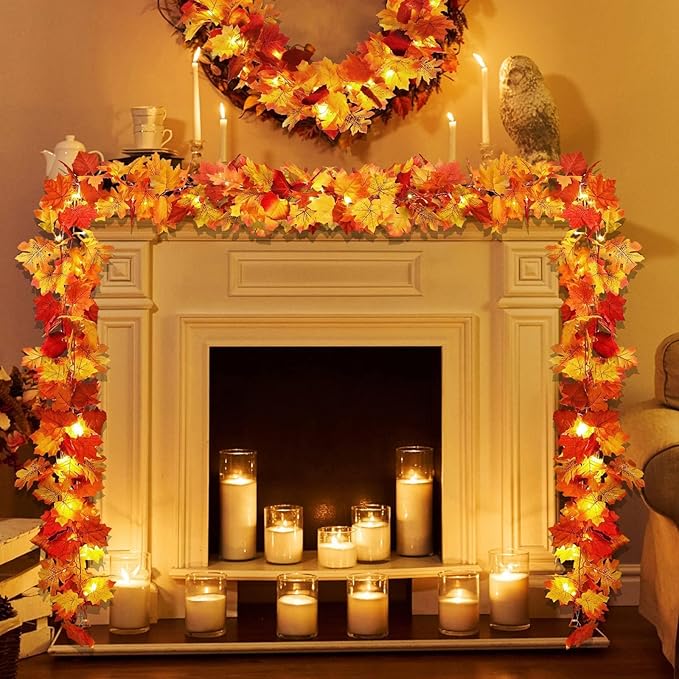 2 Pack Fall Decor Maple Leaves Garland with Lights Battery Operated Fall Thanksgiving Decorations Garland for Home Porch Front Door Table Mantle Outdoor Autumn Harvest Halloween Decor, 11.8Ft 40LED