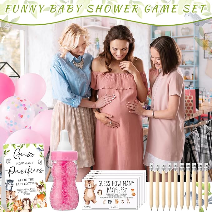 Roowest 512 Pcs Baby Shower Games Guess How Many Pacifiers Sign 100 Small Guessing Games 10 HB Pencils 750ml Milk Bottle 400 Acrylic Pacifiers Decoration for Guest Gender Reveal(Vivid,Woodland)