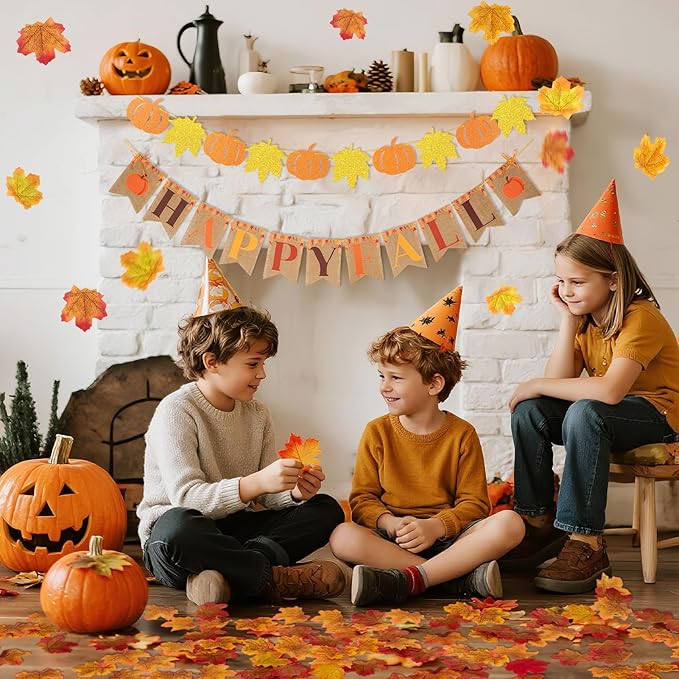 Pre-Strung Happy Fall Burlap Banner, Pumpkin Banner, and 100 Pcs Maple Leaf Confetti for Autumn Fall Thanksgiving Home Decorations