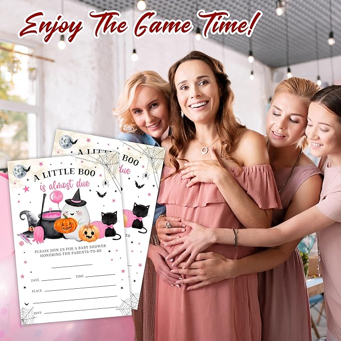 25 Halloween Baby Shower Invitation Cards, A Little Boo Is Almost Due, Adorable Halloween Elements Invites With Envelopes, Gender Reveal, Baby Announcement Party Favor & Supplies (Pink A08)