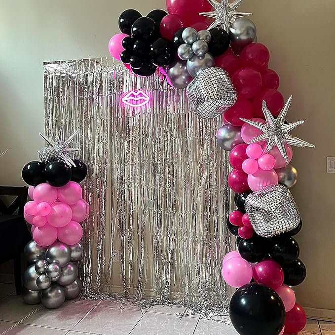 Pink and Black Balloons, 12 Inch Hot Pink Black Balloon with Confetti Balloons for Girls Women Birthday Baby Bridal Shower Wedding Theme Party Decoration