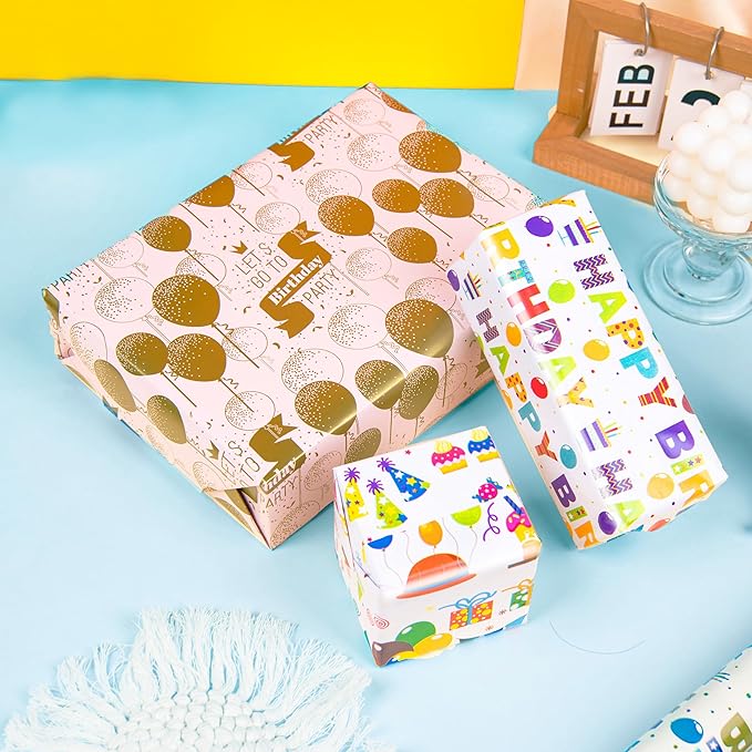 Linnoptimix Birthday Wrapping Paper Rolls -3 LARGE ROLL-27inch*78 inch per roll Colorful Foil wrapping paper (Birthday 3 White/Colorful (014)) Christmas