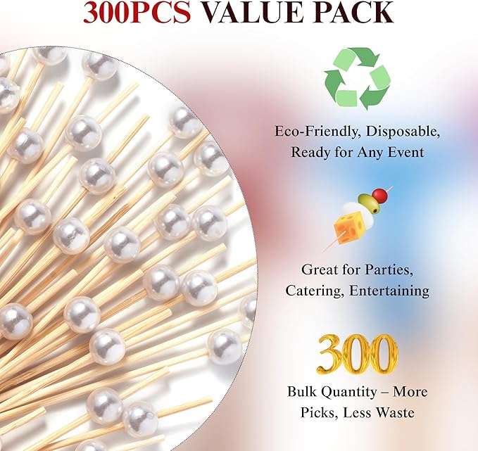 CATIFLIN 300PCS White Pearl Cocktail Picks, 4.7" Bamboo Toothpicks for Appetizers, Fancy Food Sticks for Party, Wedding, Charcuterie, Fruit, Dessert, Drinks, Buffet Decor