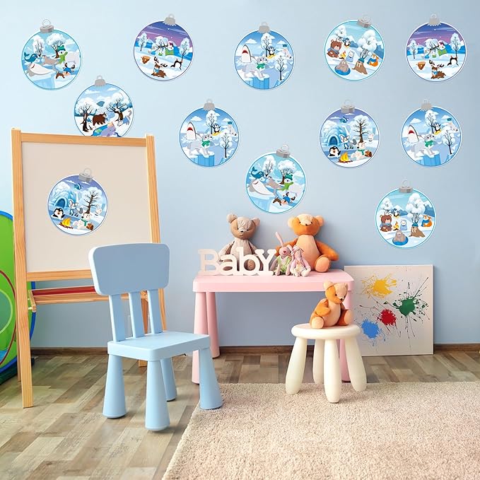 CY2SIDE 12 Set Winter Polar Animal Sticker Scene for Kids Make A Winter Scene with Polar Animals Make Your Own Snowy Bear Sticker Craft DIY Art Crafts for Kids Holiday Class