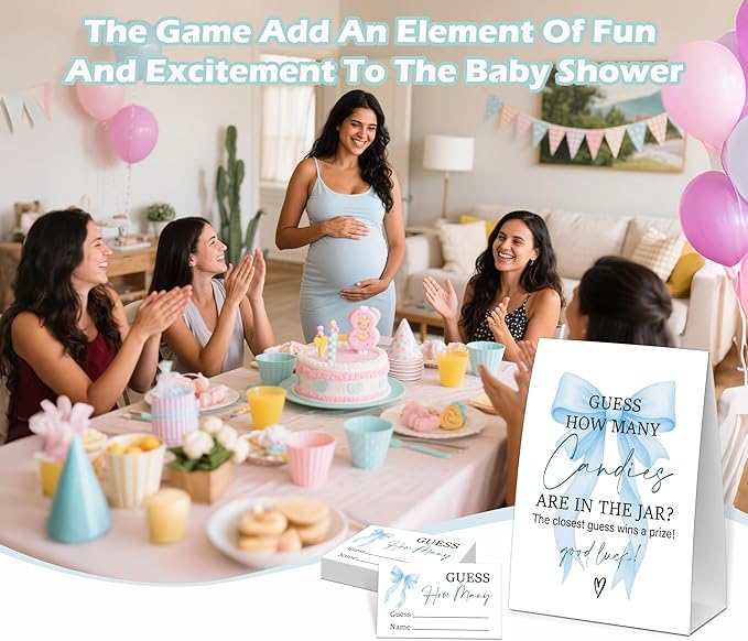 Blue Bow Guess How Many Candies Are In The Jar Game, Baby Shower Game, Include One 5×7 Sign and 50 Guessing Cards, Blue Coquette Bow Gender Reveal Party Decoration Supplies - FE18