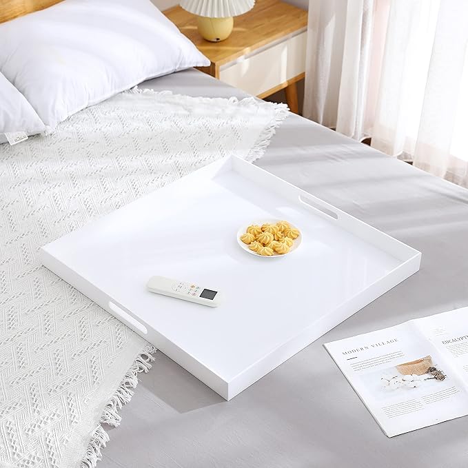 Extra Large Glossy White Acrylic Serving Tray with Handles-King Size Spill Proof-for Ottoman,Coffee Table, Breakfast, Tea, Food, Butler -Safe Edge Organizer-24x24x2H Inch
