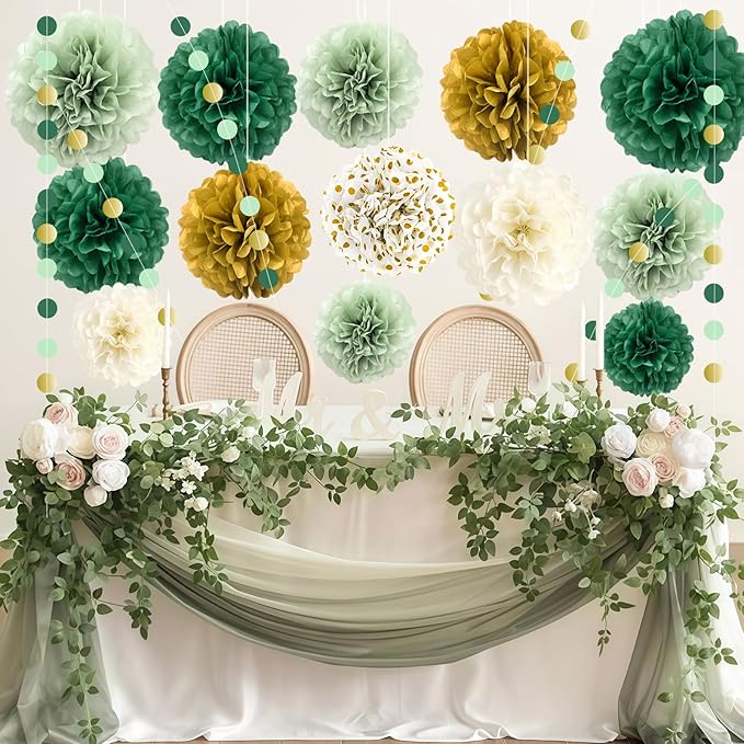 Green Wedding Party Decorations Set, 16 PCS Tissue Paper Pom Poms, Dots Paper Garland for Engagement, Green Boho Wedding, St. Patrick's Day Party, Baby Shower Party Decor