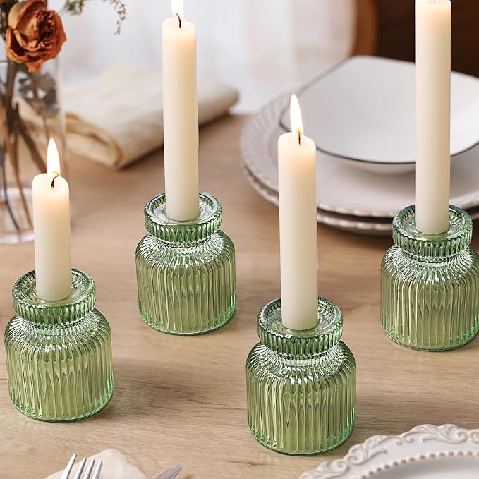 DARJEN 12 Pcs Glass Candlestick Holders- Green Taper Candlestick Holders Tealight Votive Candle Holders for Table Centerpieces, Wedding, Dinner Party, Home Decor