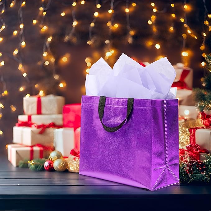 KeerxunBag 12Pcs Reusable Gift Bags(Includes Tissue Paper) Gift bag with handle Birthdays Parties Holidays Weddings Medium 13x5x11in Purple Gift Bags