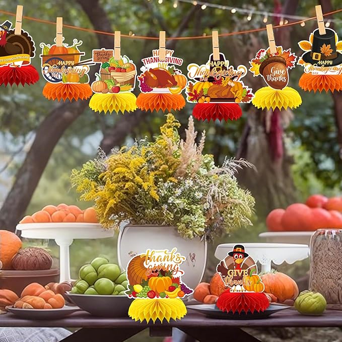 9PCS Thanksgiving Honeycomb Centerpiece Turkey Pumpkin Maple Leaves Honeycomb Thanksgiving Table Centerpiece for Thanksgiving Table Decoration Fall Autumn Theme Birthday Party Supplies