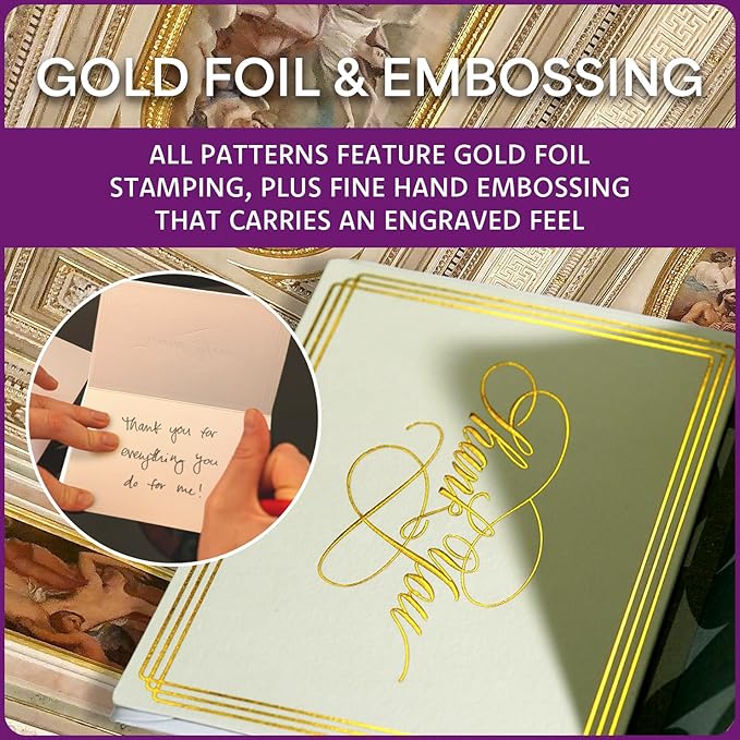 ukee's 100-Pack Luxury Thank You Cards with Envelopes Bulk - Blank Thank You Cards | Dual Gold Foil Calligraphy & Borders, 4 Colors w/Gift Box For Wedding Notes/Small Business/Baby & Bridal Shower, 3.5x5 Inches