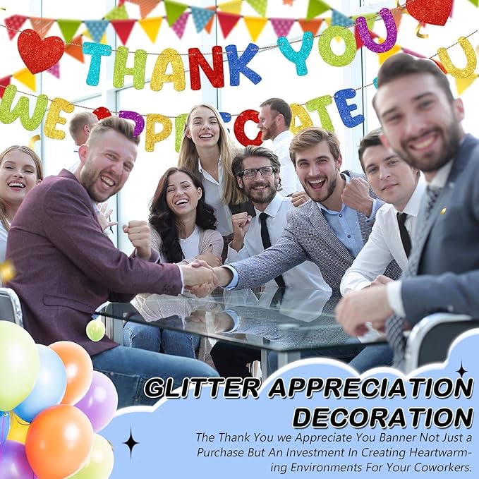 Fulmoon Pre Strung Thank You We Appreciate You Glitter Banner Funny Appreciation Banner for Employee Coworker Staff Teacher Thank Sign Party Decorations(Colorful)