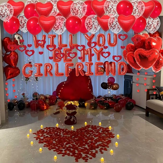 Valentine's Day Decorations Red Will You Be My Girlfriend Balloons - 2000pcs Red Artificial Rose Petals 16" Letter Balloons 18" Foil Latex balloon 20 heart balloon Hanging Swirls Heart Banner