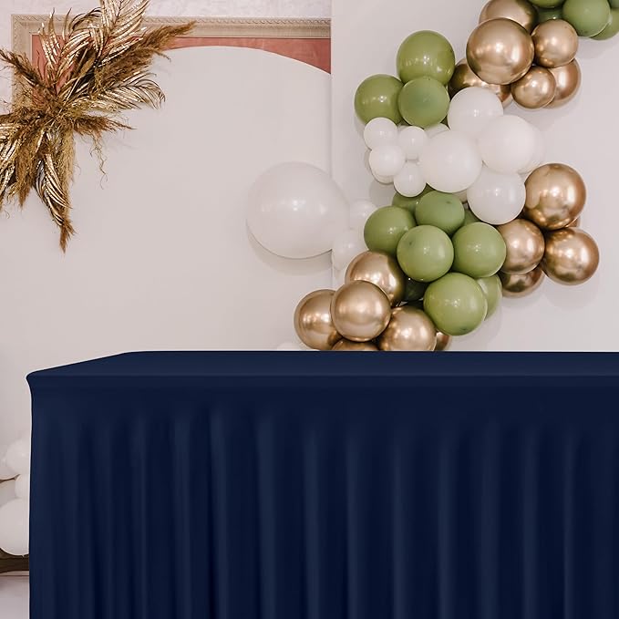HolidayIdeas Spandex Table Skirts for Rectangle Tables 8 Ft, Fitted Stretch Table Cover 30x96 Inch, Wrinkle-Free Ruffle Design Tablecloths for Banquets,Trade Shows, Parties, Events, 4 Pack, Navy