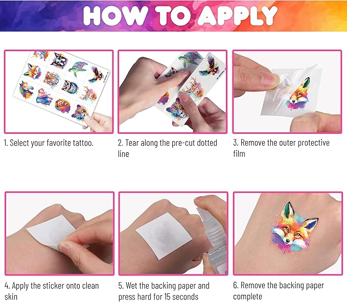 96 PCS Watercolor Animal Pre-Cut Temporary Tattoos for Kids | Super Cute Themed Birthday Party Favors, Supplies, Decorations, Animal Fake Tattoo Stickers, School Rewards Prizes & Gifts Boys & Girls