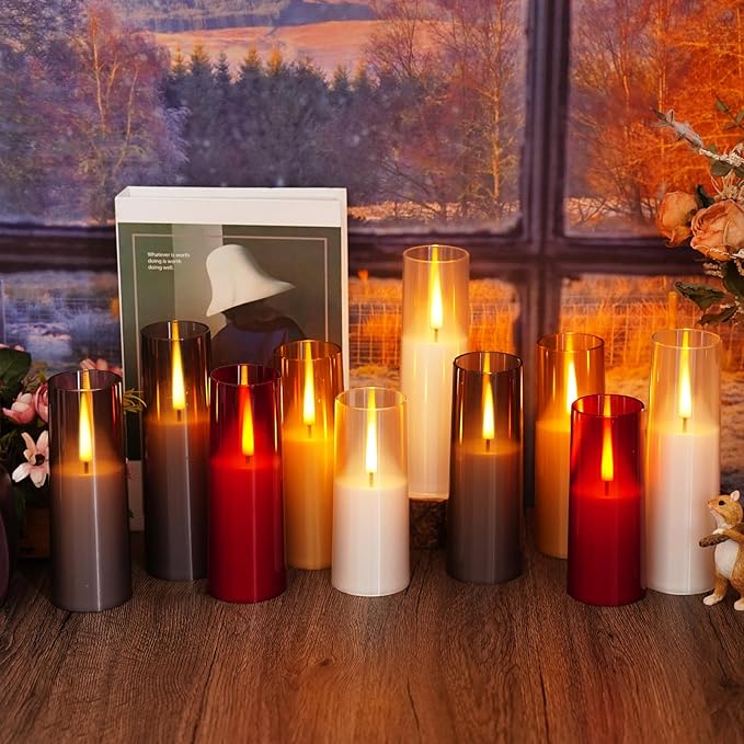 Flickering Flameless Candles,Battery Operated, Flameless Candles with Remote, 2/4/6/8 Hour Timer, Realistic Jumping Flame Effect, Perfect for Home Decor, Holiday Decoration Pcs 9 (Red)