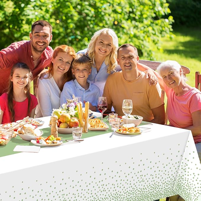 3Pcs White and Sage Green Tablecloth Decorations,Plastic White Table Cloth Printed Green Table Runner Disposable Rectangle Tables Cover for Birthday Wedding Anniversary Graduation Party,54 x108 Inch