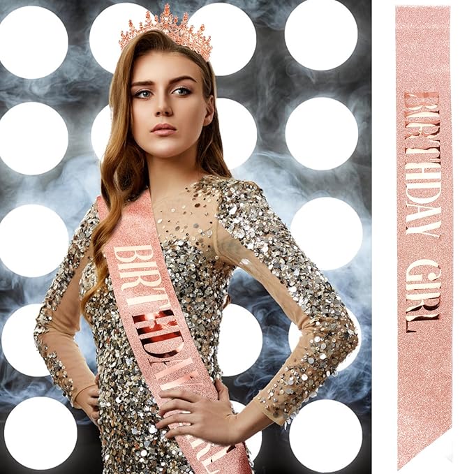 Velscrun Rose Gold Crystal Birthday Tiara Crowns for Women Girls Elegant Princess Crown with Combs Birthday Girl Headband Sash Happy Birth Party Decorations Birth Gift Hair Accessories