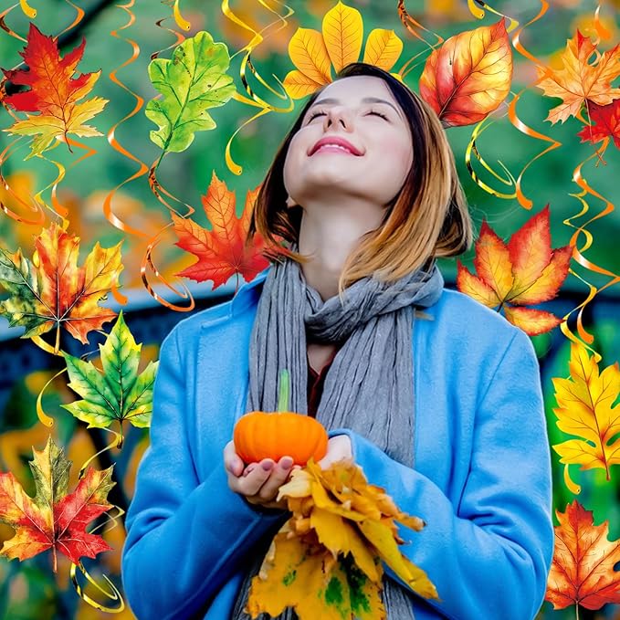 30Pcs Fall Maple Leaf Hanging Swirls, Thanksgiving Ceiling Hanging Decorations Fall Leaves Swirls Streamers for Thanksgiving Autumn Harvest Party Supplies