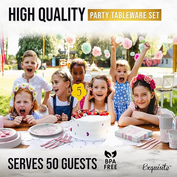Exquisite 350 Pieces Happy Birthday Plates and Napkins Set, Paper Plates for Party Supplies, 50 Of Each 9" Dinner, 7" Dessert, Cups, Napkins & Cutlery Plastic Dinnerware Set Blue Birthday Decorations