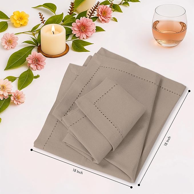 Ruvanti Cloth Napkins - 100% Cotton Dinner Napkins, Hem Stitched Corners, 18x18 Inch, 12 Pack - Soft, Absorbent, Durable, Reusable, Wrinkle Resistant for Formal Dining & Everyday Use - Light Taupe
