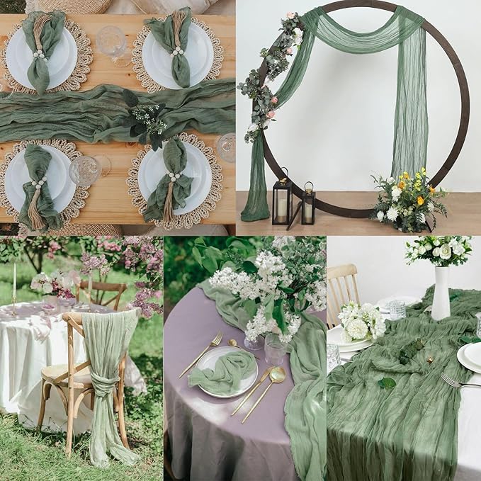 6 Pack Sage Green Cheesecloth Table Runner 10FT Boho Gauze Fabric Table Runner 35 x 120 Inch Rustic Sheer Runner for Centerpiece Wedding Decor Baby Shower Party Boho Table Decoration