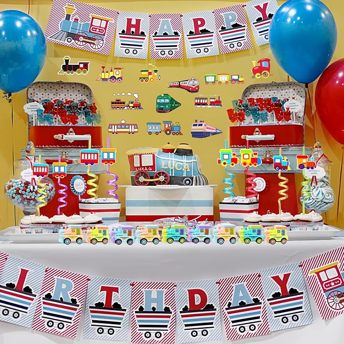 Train Party Favors 122PCS Slap Bracelets DIY Stickers Drinking Straw Keychains Pull-back Vehicle for People Car Theme Birthday Party Car Theme Birthday Party